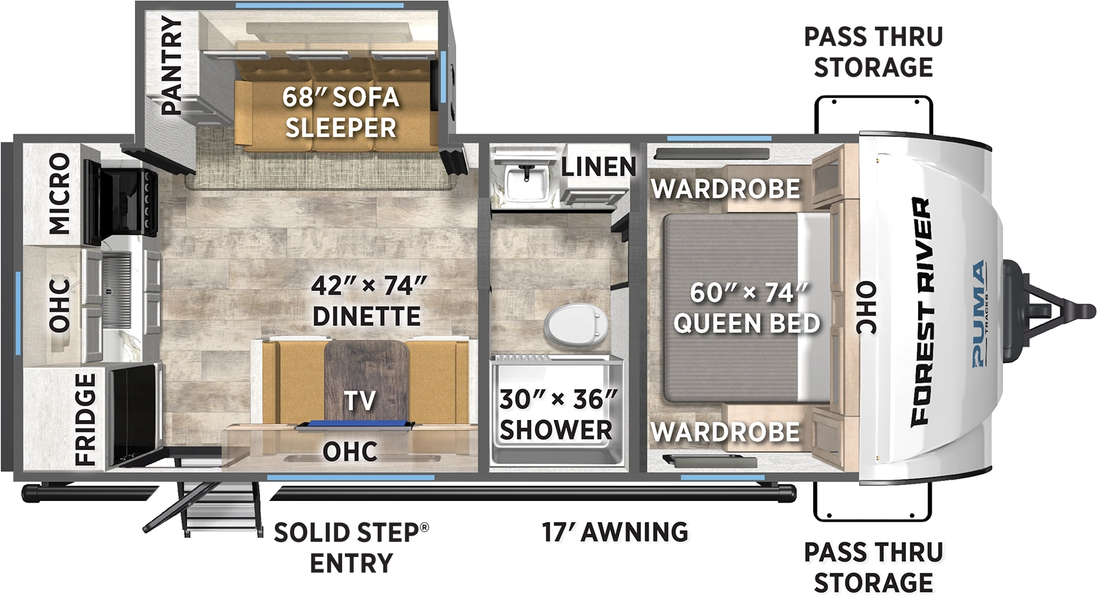 The Puma Tracks 237RK floorplan has one entry and one slide out. Exterior features include: fiberglass exterior and 17' awning. Interiors features include: rear kitchen, front bedroom and pass through bathroom.